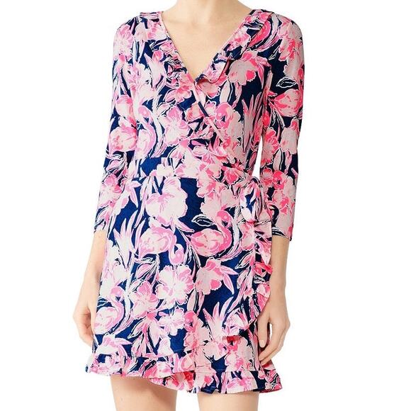 Lilly Pulitzer Jessalynne Romper XS Navy Flamingo Ruffle Wrap Summer Floral Pink - Picture 1 of 12